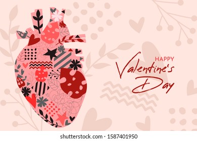 Happy Valentine's Day background. Human heart shape filled with hand drawn elements. 