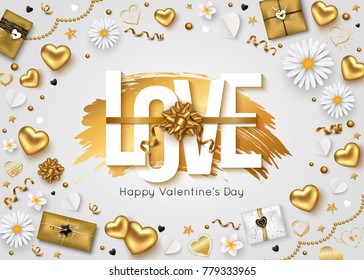 Happy Valentines day background with inscription decorated gift box serpentine gold hearts stars and flowers for greeting card poster. Vector illustration.