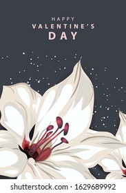 Happy Valentine's Day. Background with lily flower, pastel colors. Handwritten calligraphic text lettering. Greeting card, holiday poster, banner.