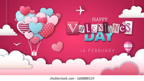 Happy Valentine`s day background with love hearts in the sky. Cut out paper art style design