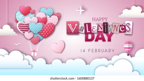 Happy Valentine`s day background with love hearts in the sky. Cut out paper art style design