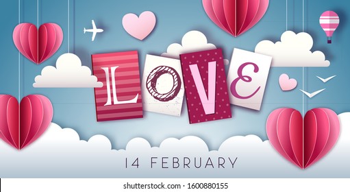 Happy Valentine`s day background with love hearts in the sky. Cut out paper art style design