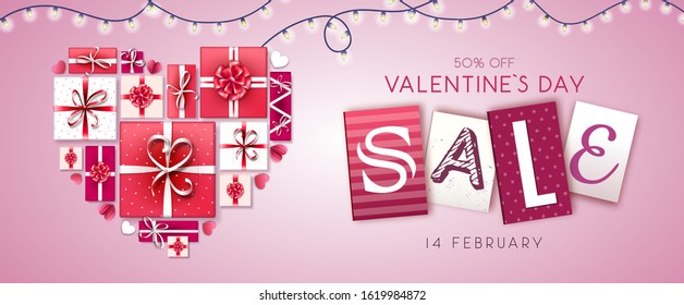Happy Valentines day background with love hearts and gift boxes. Valentines day sale poster