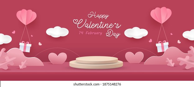 Happy Valentine's day background. Love scene studio product display in pink with cute elements.