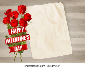 Happy Valentines Day background with a note on a wooden wall and a red rose. EPS 10 vector file included