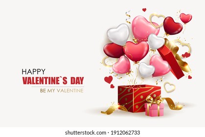 Happy Valentine's Day background with open gift box from which heart shaped balloons fly out. Holiday flyer and brochure design. Sale banner template, festive poster. Vector illustration