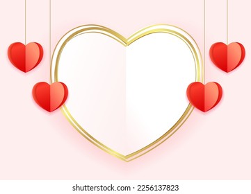 Happy Valentines Day background with origami hearts. Valentine's Day paper hearts and golden love frame for sale banner or wedding design. Vector illustration