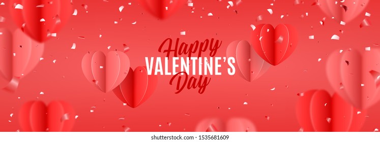 Happy Valentine's Day background in paper art style. Holiday banner with paper hearts with blur effect. Festive vector illustration with confetti.