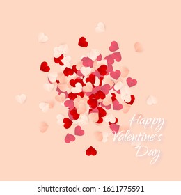 Happy Valentines Day background, paper red, pink and white orange hearts confetti. Vector illustration.