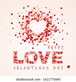Happy Valentines Day background, paper red, pink and white orange hearts confetti. Vector illustration.