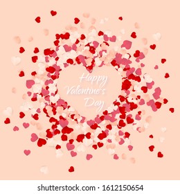 Happy Valentines Day background, paper red, pink and white orange hearts confetti. Vector illustration.