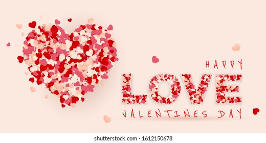 Happy Valentines Day background, paper red, pink and white orange hearts confetti. Vector illustration.