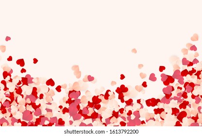 Happy Valentines Day background, paper red, pink and white orange hearts confetti. Vector illustration.