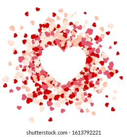 Happy Valentines Day background, paper red, pink and white hearts confetti. Vector illustration.