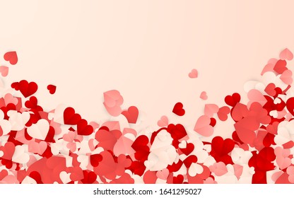 Happy Valentines Day background, paper red, pink and white hearts confetti. Vector illustration.