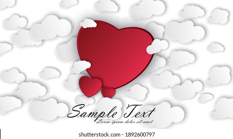 Happy Valentines Day background. Paper art, red love heart surrounded by clouds. Vector illustration of design