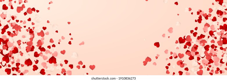 Happy Valentines Day background, paper red, pink and white hearts confetti. Vector illustration.