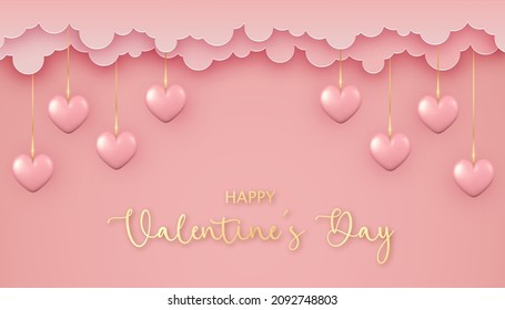 Happy Valentine's Day background in paper cut style. 3d hearts hanging on chains on pink background with paper clouds. Vector illustration.