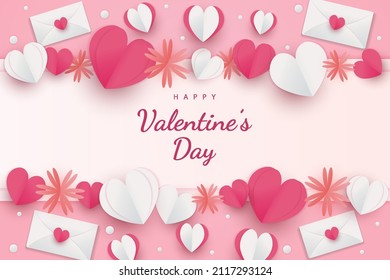 Happy valentine's day background paper cut hearts style and element with white and pink color