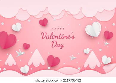 Happy valentine's day background paper cut hearts style and element with red and pink color