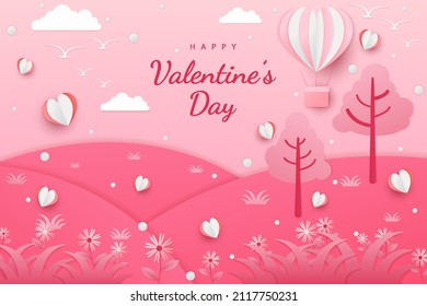 Happy valentine's day background paper cut hearts style and element with white and pink color