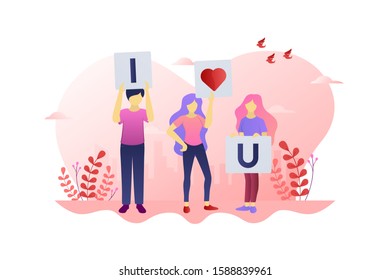 Happy Valentines day background. People hold the board with the word I love you on heart decoration background. Modern flat vector illustration