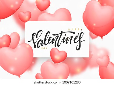 Happy valentines day background with pink color balloons in the form of hearts. Holiday greeting card, typography poster, banner vector illustration
