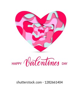 Happy Valentines Day background with pink paper cut  heart and calligraphy text. Holiday card illustration with hand lettering vector.