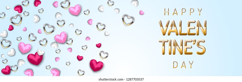 Happy Valentine's Day Background with pink, white and gold 3D Hearts. Holiday Banner or Website Header.