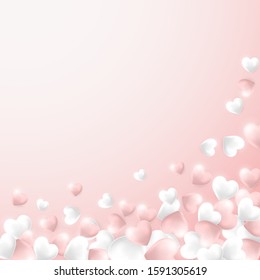 Happy Valentines Day background, pink and white hearts on light pink background. Vector illustration.