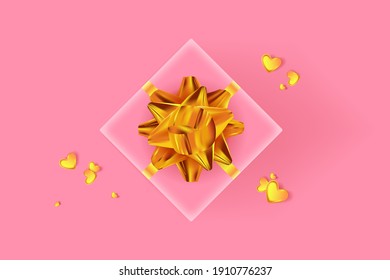 Happy Valentine's day background. Pink gift box with golden row and golden confetti