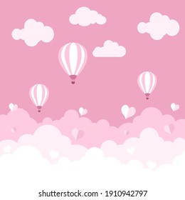 Happy Valentines Day background with pink clouds sky, balloon and hearts.