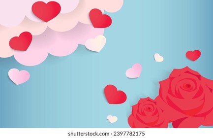 Happy valentine's day background with pink hearts, roses and cloud elements. copy space with concept for design.
