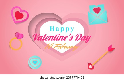 Happy Valentine's Day background with pink heart, heart ring, arrow and mail elements. copy space with concept for design