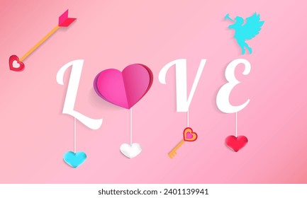 Happy Valentine's Day background with pink and blue heart, key, arrow elements. copy space with concept for design