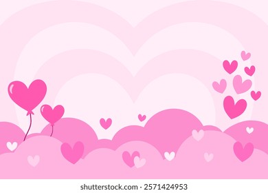 Happy valentines day background. Pink heart-shaped balloons and floating hearts drift among fluffy pink clouds against a pastel background. Template for Poster, Banner, Post, Greeting, Card, Cover.