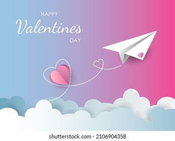 Happy Valentines day background or poster . Vector wallpaper, flyers, invitation, posters, brochure, banners.Flying paper airplane with heart shaped line.Vector template.