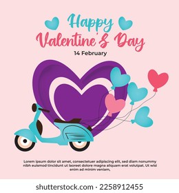 Happy Valentines Day background poster with vespa motorbike and love. Vector illustration