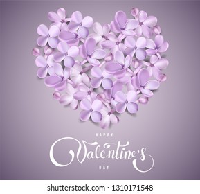 Happy Valentines day background with purple lilac flower petals and lettering vector square illustration