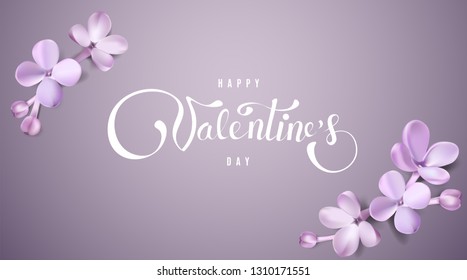 Happy Valentines day background with purple lilac flower petals and lettering vector illustration