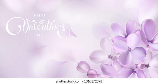 Happy Valentines day background with purple lilac flower petals and lettering vector illustration