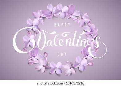 Happy Valentines day background with purple lilac flower petals and lettering vector illustration