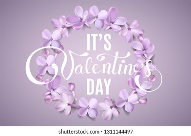 Happy Valentines day background with purple lilac flower petals and lettering vector square illustration