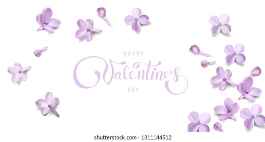 Happy Valentines day background with purple lilac flower petals and lettering vector illustration