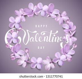 Happy Valentines day background with purple lilac flower petals and lettering vector square illustration