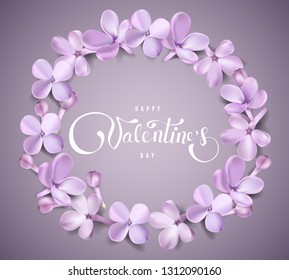 Happy Valentines day background with purple lilac flower petals and lettering vector square illustration