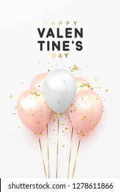 Happy Valentines Day background with realistic balloons and glitter gold confetti