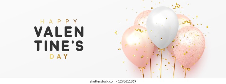 Happy Valentines Day background with realistic balloons and glitter gold confetti