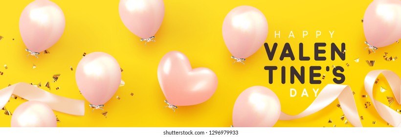 Happy Valentine's Day, background with realistic pink balloons shape heart