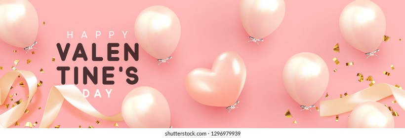 Happy Valentine's Day, background with realistic pink balloons shape heart